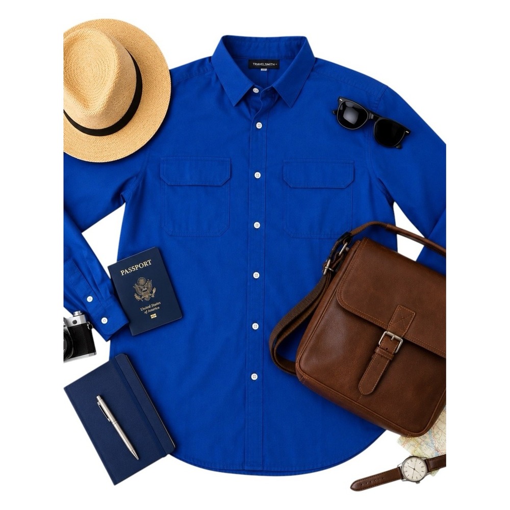TravelSmith Royal Blue Wrinkle Resistant Travel Shirt Womens Large Button Front